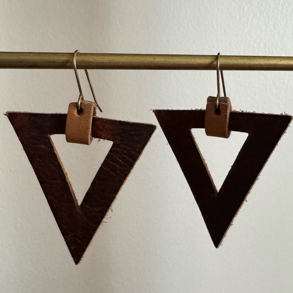 Geometric Leather Triangle Drop Earrings - Brown